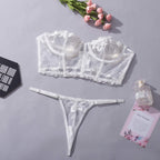 See-through embroidered tube top sexy lingerie 2 piece set G string Thong