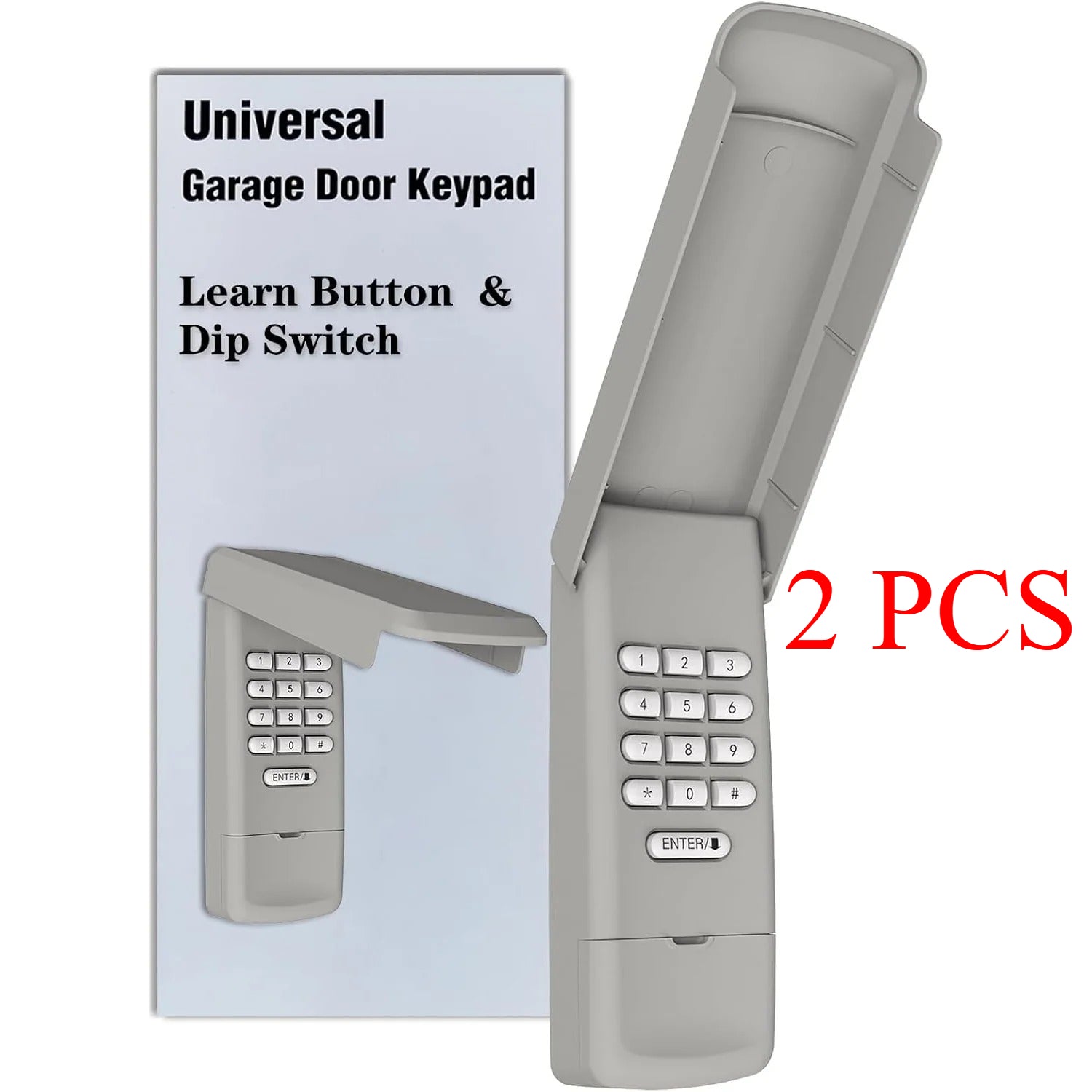 Télécommande universelle pour ouvre-porte de garage compatible avec les ouvre-portes de garage sectionnels LiftMaster, Chamberlain, Genie, Craftsman, Linear, Wayne et Dalton. Elle possède un bouton d'apprentissage ou un commutateur DIP. 