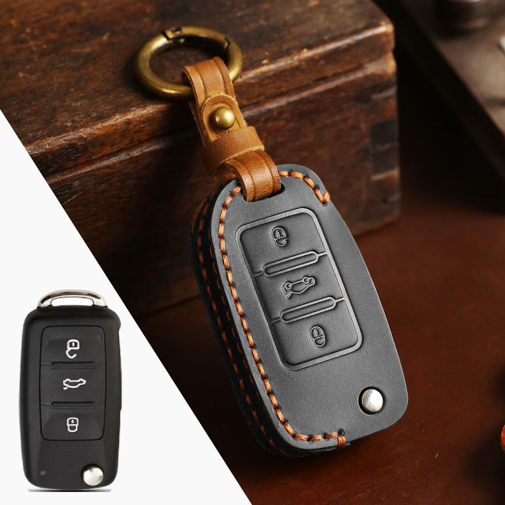 Carsine Volkswagen Magotan Lavida Folding Leather Car Key Cover 3 Button Black / B
