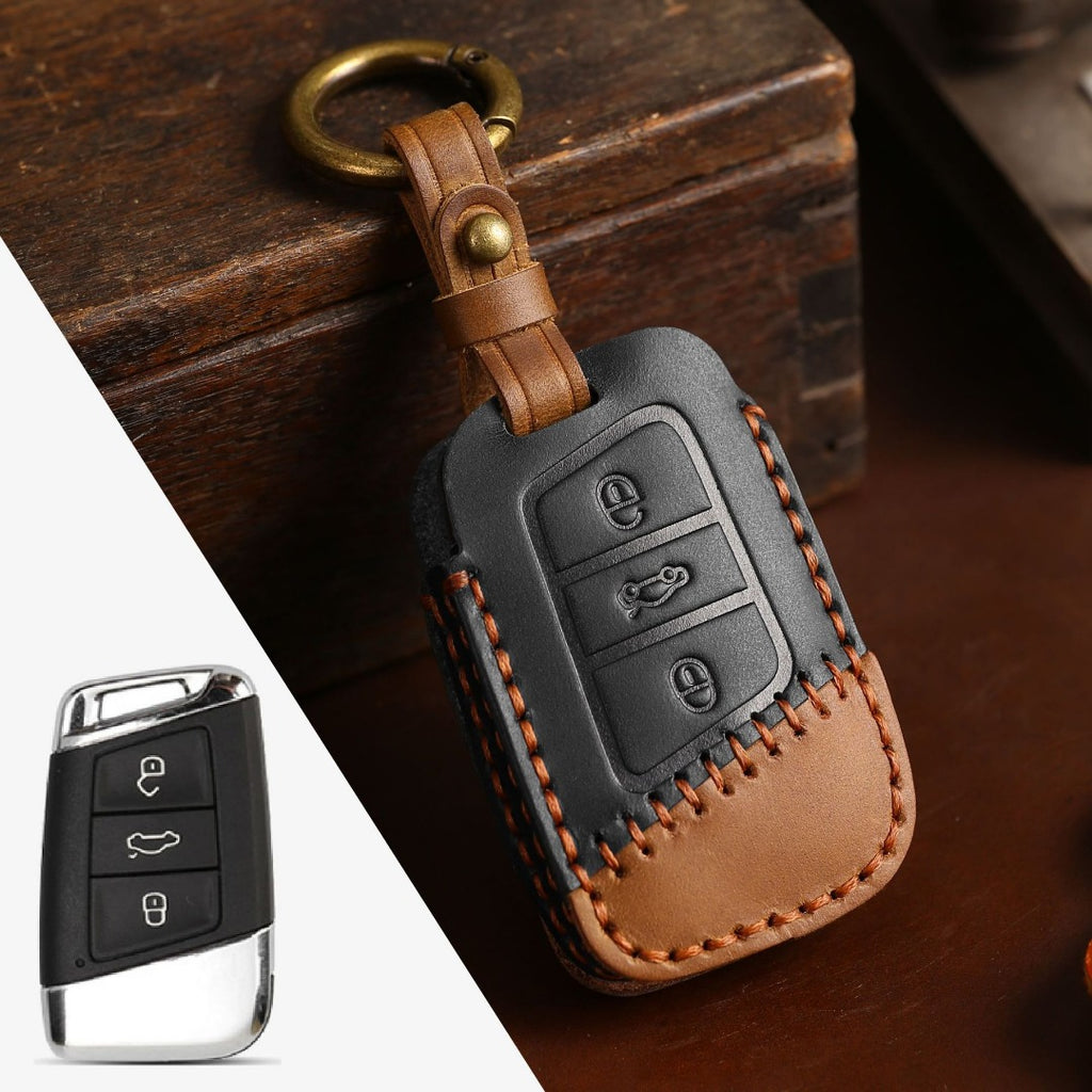 Carsine Volkswagen Lavida Bora Leather Car Key Cover 3 Button Black / 3 Button