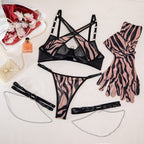 Leopard Print Metal Chain Sexy Lingerie 4-Piece Set with Gloves and Leg Rings G string Thong