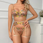 Khaki Sexy Lingerie 4-Piece Set T-Back with Leg Rings G string Thong