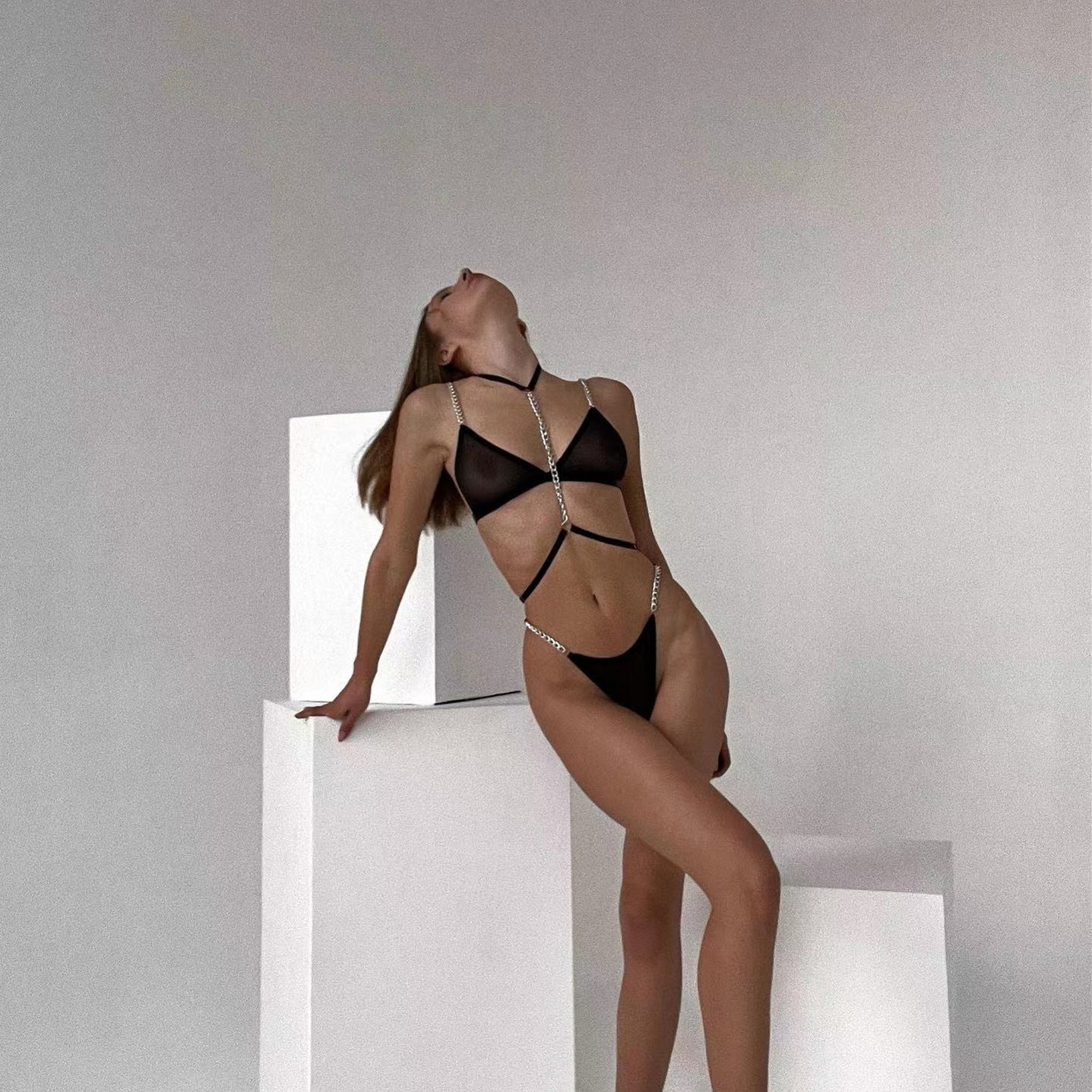 Metal chain bra thong sexy lingerie three piece set G string Thong