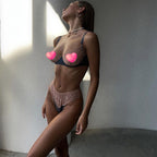 Carsine Colorblock lace mesh sexy lingerie two-piece set G string Thong Blue / S