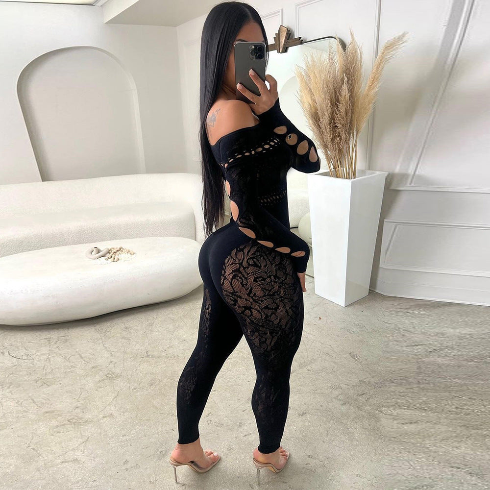 Carsine Sexy hot girl hollow one-piece high-elastic jumpsuit Black / One Size