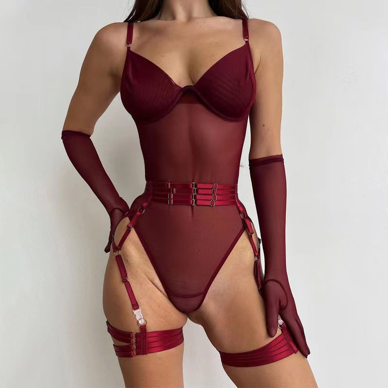 Red mesh bodysuit with gloves, belt and garters