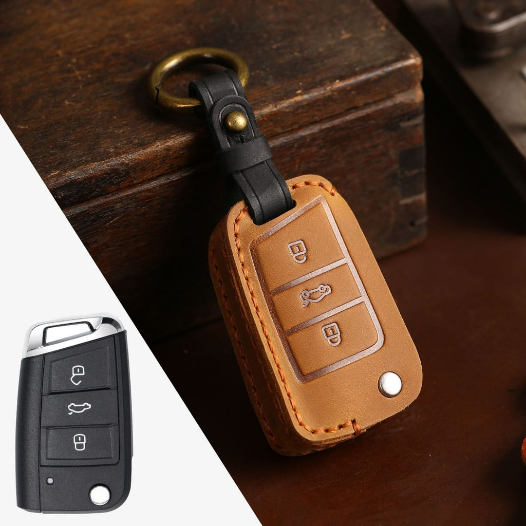 Carsine Volkswagen Magotan Lavida Folding Leather Car Key Cover 3 Button Brown / A