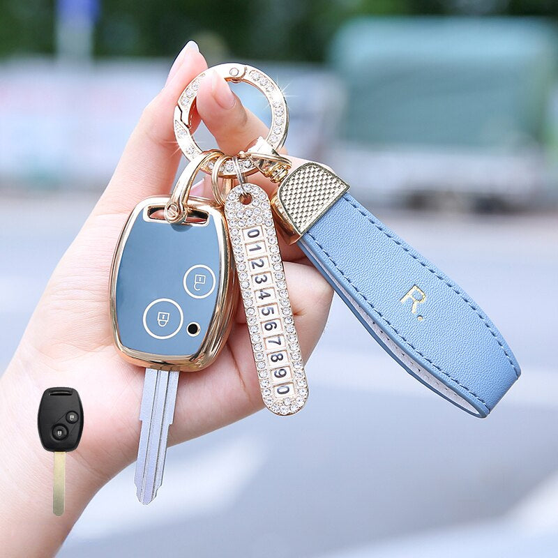 Carsine Honda Car Key Case Golden Edge 2 Buttons / Grey / Key case + strap