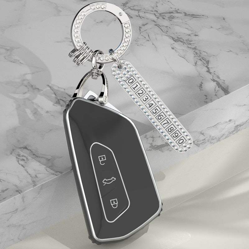 Carsine Volkswagen Car Key Case Silver Edge Black / Key case + strap